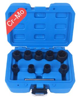 Набор головок-экстракторов для поврежденных болтов и гаек, 3/8''10пр. (10, 11, 12, 13, 14, 15, 16, 17, 19мм), в кейсе