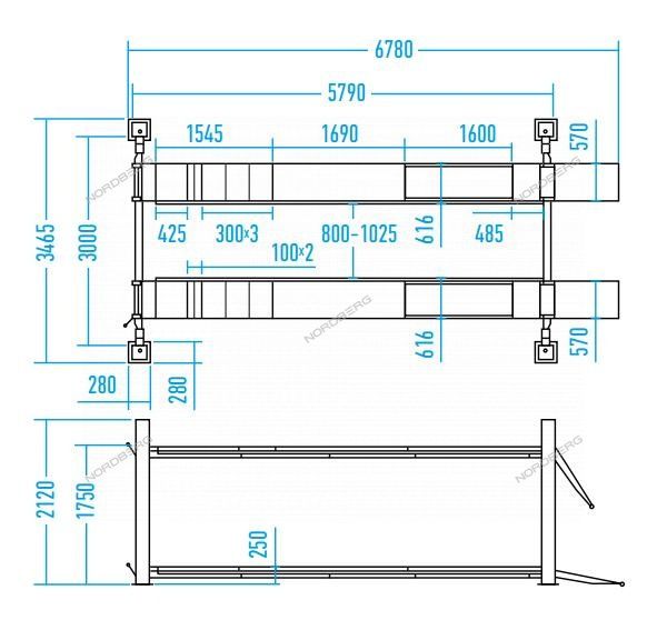 Подъемник четырехстоечный 5т 380В серый/синий c ручной траверсой NORDBERG 4450J