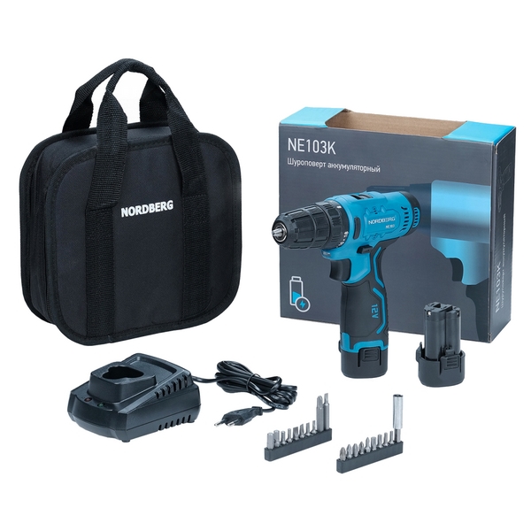 Шуруповерт аккумуляторный NORDBERG NE103K+NE9012, 12 В, 30 Нм с 2 АКБ 2Ач и зарядным устройством
