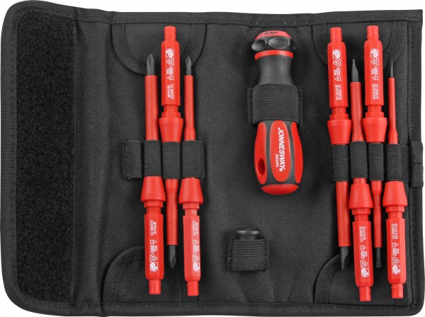 Отвертка диэлектрическая JONNESWAY DV15109S со сменными стрежнями в наборе, 9 предметов