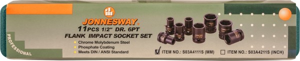 Набор головок торцевых ударных JONNESWAY S03A4111S (1/2";DR 10-24 мм, 11 предметов)