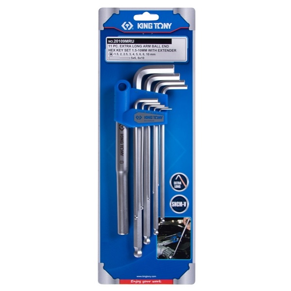 Набор Г-образных шестигранников KING TONY 20109MRU, 1,5-10 мм, длинные, с шаровым окончанием, 11 предметов