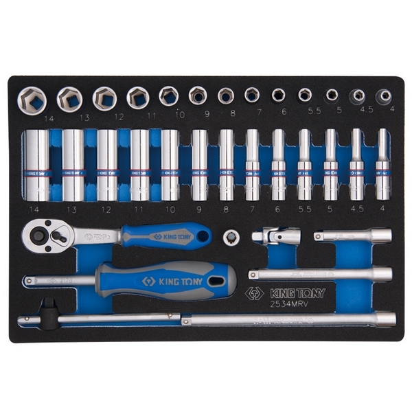 Набор торцевых головок с принадлежностями 1/4", шестигранные, 4-14 мм, 34 предмета, в комплекте фонарик KING TONY M2534MRV