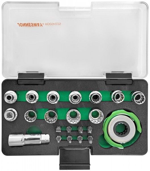 Головки торцевые SPLINE М4-13 с дисковым трещоточным механизмом и аксессуарами в наборе 22 предмета JONNESWAY RD05H22S