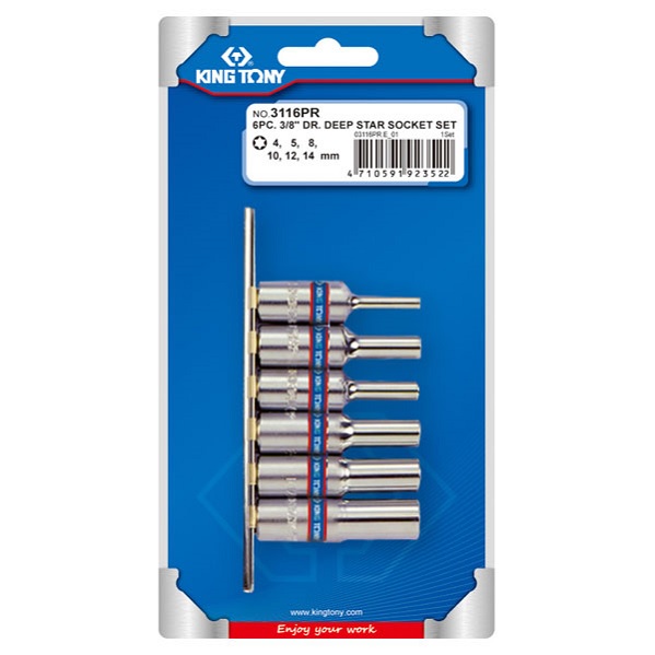 Набор глубоких торцевых головок 3/8", TORX Е-стандарт, E4-E14, 6 предметов KING TONY 3116PR