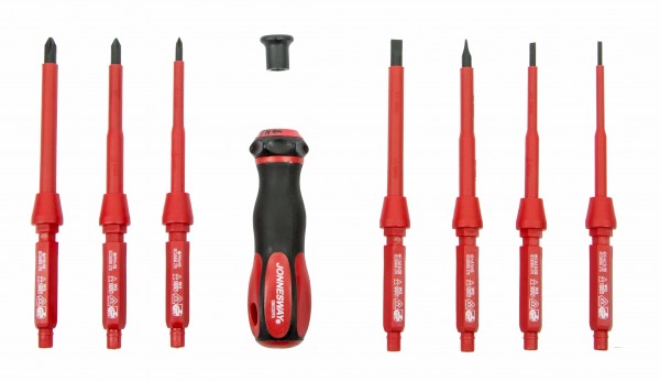 Отвертка диэлектрическая JONNESWAY DV15109S со сменными стрежнями в наборе, 9 предметов