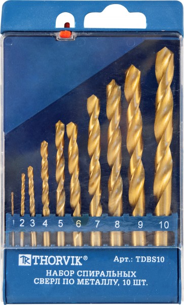 Набор спиральных сверл TDBS10 по металлу HSS TiN в пластиковом кейсе, d1.0-10.0 мм