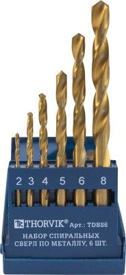 Набор спиральных сверл по металлу HSS TiN в пластиковом кейсе d2.0-8.0 мм 6 предметов Thorvik TDBS6