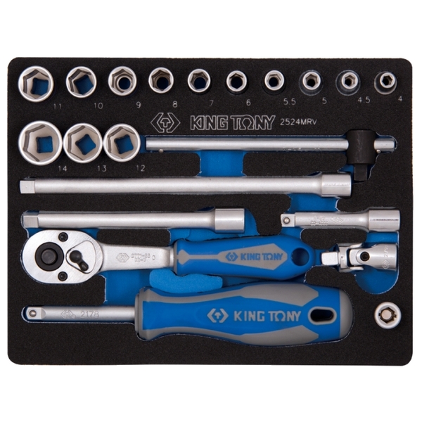 Набор торцевых головок с принадлежностями 1/4", шестигранные, 4-14 мм, 21 предмет, в комплекте фонарик KING TONY M2524MRV