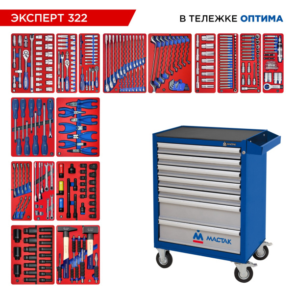 Набор инструментов ЭКСПЕРТ 322 в тележке МАСТАК 52-07322B (323 предмета)