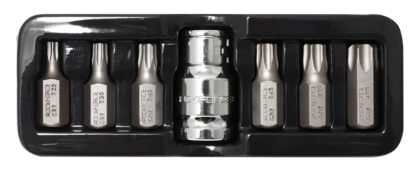 Набор бит TORX с битодержателем,7пр.1/2''(L:30мм,Т25,Т30,Т40,Т45,Т50,Т55), в ложементе