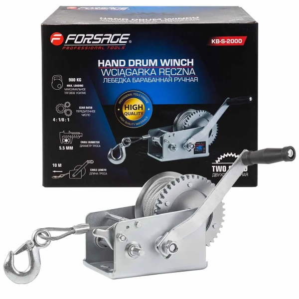 Лебедка ручная барабанная, 900кг(стальной трос, диаметр троса-4.5мм, длина троса-10м )
