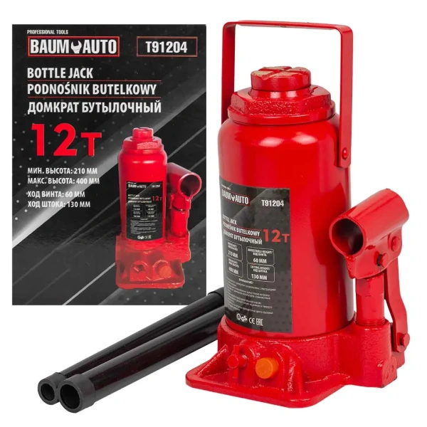 Домкрат бутылочный 12т с клапаном (h min 210мм, h max 400мм, ход штока-130мм, ход винта-60мм)