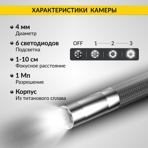 Видеоэндоскоп профессиональный управляемый 4х360°, экран 4.5", 1Мп, 1280х720, 1м, 4мм зонд, всесторонняя артикуляция iCartool IC-VC104AW