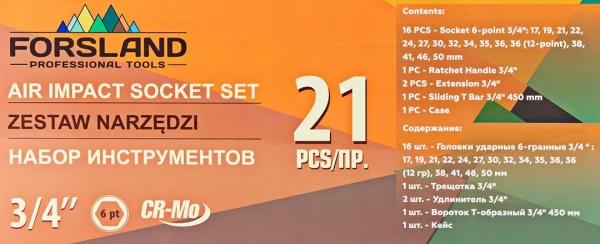 Набор инструментов ударных 21пр. 3/4''(6гр.)