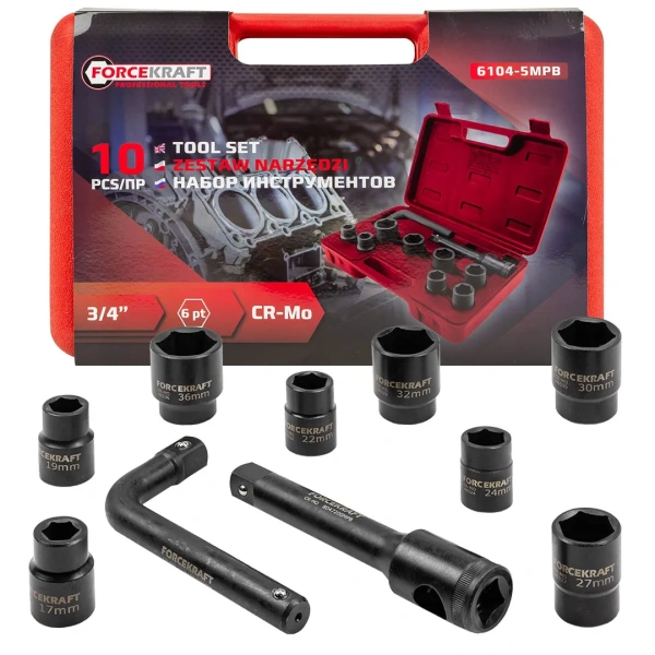 Набор инструментов 10пр. 3/4''(6гр.) (17,19,21,22,24,27,30,32,36мм + вороток 200мм + удлинитель под вороток 200мм) в пласт. кейсе