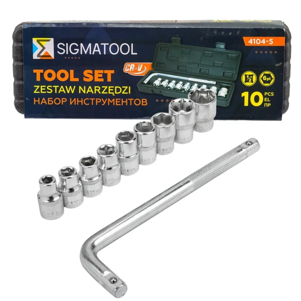 Набор головок торцевых 6-гранных с Г-образным воротком 220мм 10пр. 1/2''(8, 10-14, 17, 19, 21мм) в пласт. кейсе