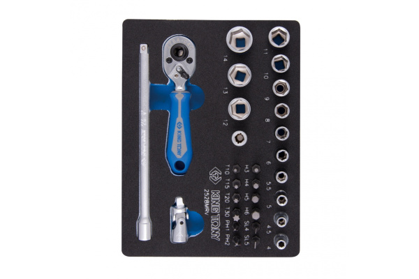 Набор торцевых головок с принадлежностями 1/4", шестигранные, 4-14 мм, 29 предметов KING TONY 2528MRV