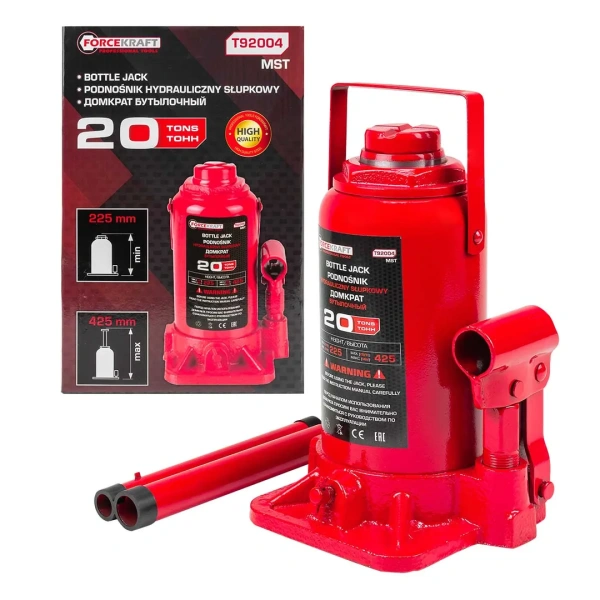 Домкрат бутылочный 20т с клапаном (h min 225мм, h max 425мм, ход штока-140мм, ход винта-60мм)