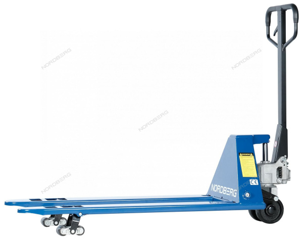 Тележка (рохля) складская гидравлическая с низким подхватом 1,5 т, с полиуретановыми колесами, мин. высота 52 мм NORDBERG N3903-15