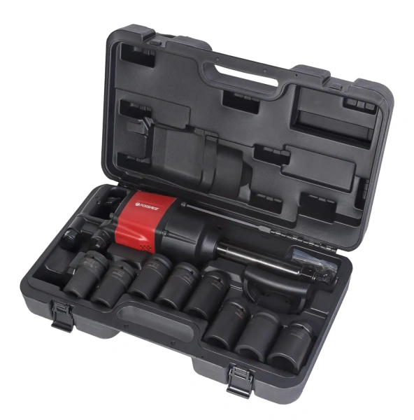 Пневмогайковерт 3390Нм с длинным валом и комплектом ударных головок (27-41мм) 1'' 9пр. (потребление 282л/мин) в кейсе