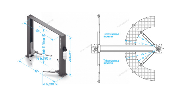 Подъемник 380V двухстоечный 5т с верхней синхронизацией синий NORDBERG N4122H1M-5B