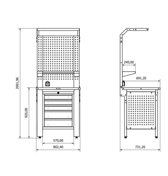 Верстак металический 730х800х2000мм(столешница 690х800мм,перфорация1080х800мм,бок перфорации500х600мм,ящик навес5 полок-1шт)