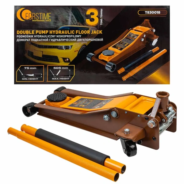 Домкрат подкатной гидравлический двухпоршневой, 3т