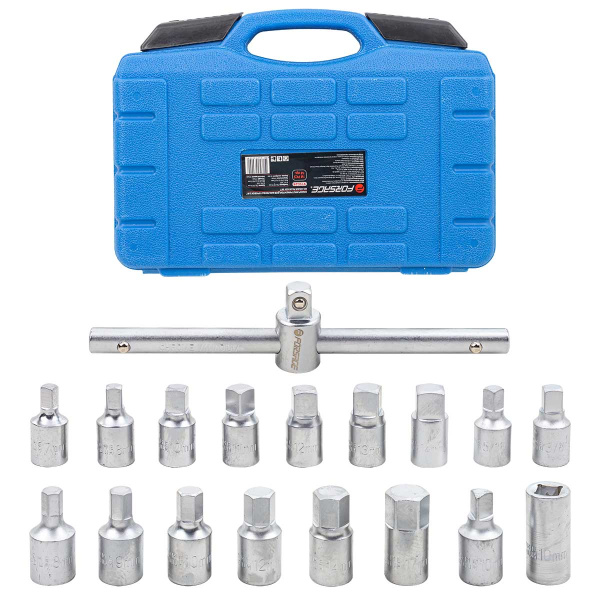 Набор инструментов для масляных пробок 3/8''18пр.(квадрат: 7,8,10-14мм,5/16'',3/8'',Н:8,9,10,12,14,17мм,треугольник 10мм,внутр.квадрат10мм)в кейсе