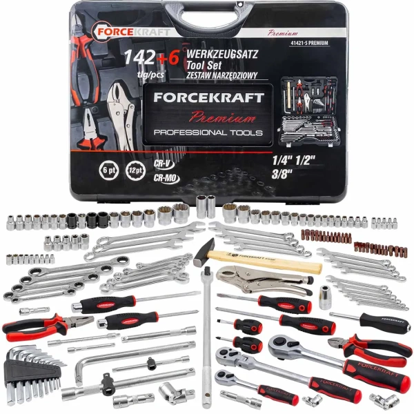 Набор инструментов 142+6пр. 1/4''3/8''1/2''(6-гран.)(4-36мм, 27,30,32,36-12гр.)+(ключи трещоточные:8х10,12х13,14х15,16х17,18х19мм, бокорезы-7'')