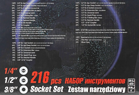 Набор инструментов 216пр. 1/4''3/8''1/2''(6гр, 12гр)