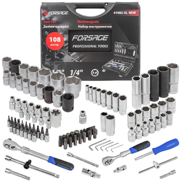 Набор инструментов с телескопическими трещотками 108пр.1/4''&1/2''(6гр.)(4-32мм)