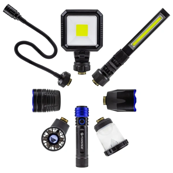 Фонарь портативный светодиодный аккумуляторный 7в1:вращ.,выс.ярк.,фокус.луча,прожектор,кемп.,вентил.,гибк.с магн.(4000мАч,время раб. до 10ч) в кейсе