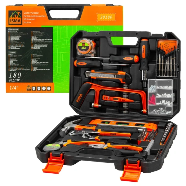 Набор инструментов 180пр. 1/4''(шарнирно-губцевый ,ножовка,уровень,биты ,головки,отвертки,рулетка,молоток,нож,изолента,расходник)в кейсе