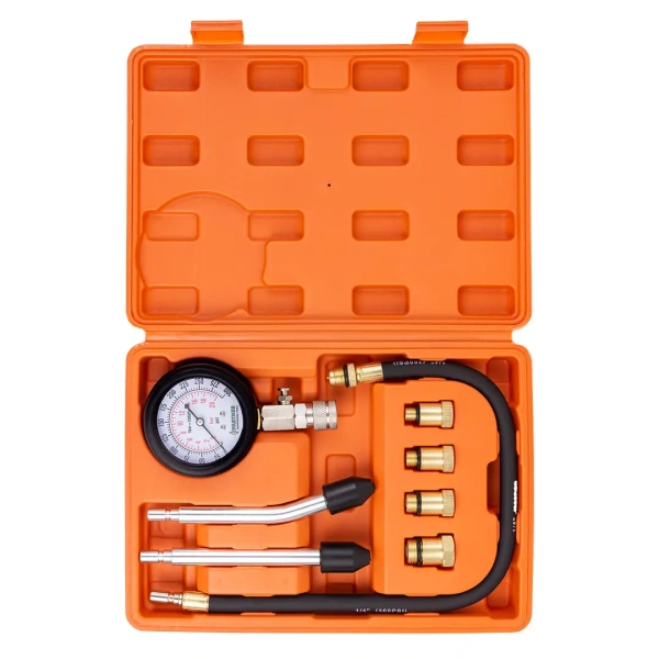 Индикатор компрессии бензинового двигателя 8пр.(0-20Bar, М10х1.0, М12х1.25, М14х1.25, М18х1.5 + 2 жестких прижимных адаптера-переходника),в кейсе