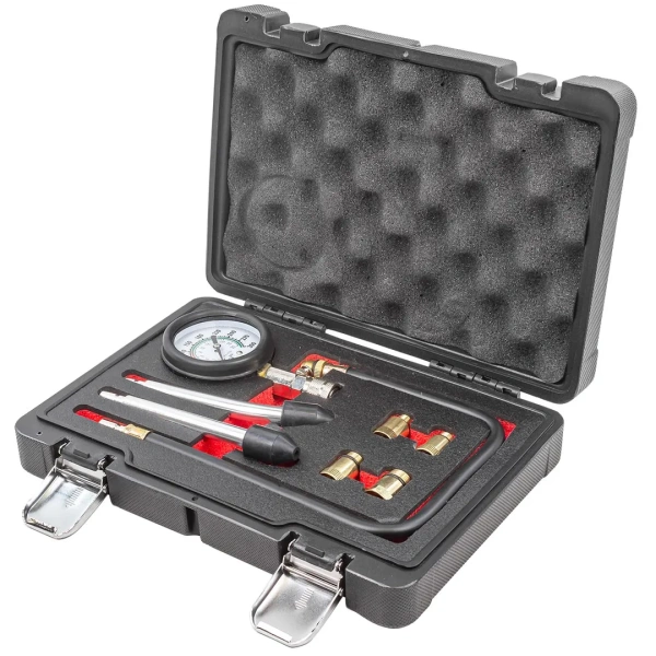 Тестер компрессии бензинового двигателя(0-20bar,удл-ль 500мм ,удл-ли прямой/изогнутый 150мм,адаптеры:М10х1.0,М12х1.25,М14х1.25,М18х1.5)в кейсе''Premium