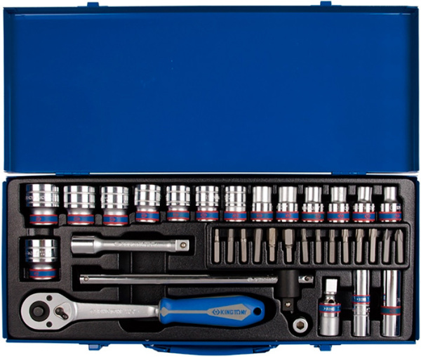 Набор торцевых головок с принадлежностями 1/2", двенадцатигранные, 10-32 мм, 35 предметов, в комплекте машинка KING TONY P4035MR01