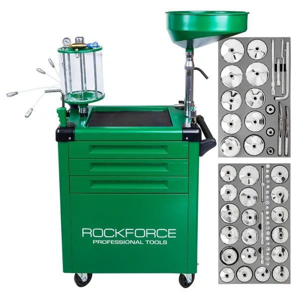 Установка пневматическая для сбора отработанного масла (бак 80л, мерная колба 10л, давление ≤1бар) передвижная с набором спец.инструмента 61пр.