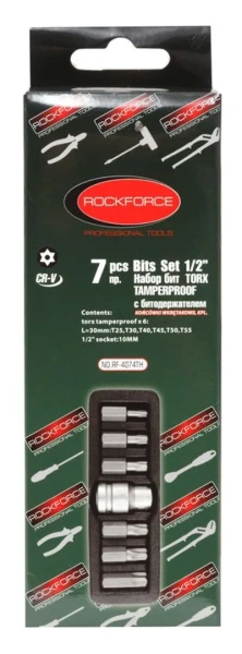 Набор бит TORX с отверстием и битодержателем,7пр.1/2''(L:30мм,Т25,Т30,Т40,Т45,Т50,Т55), в ложементе