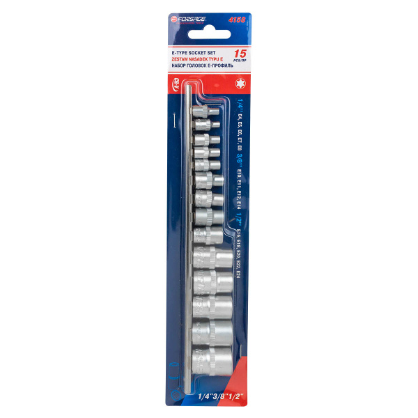 Набор головок Е-профиль 15пр. 1/4''&3/8''&1/2''(1/4''Е4-Е8,3/8''Е10-Е14,1/2''Е16-Е24) на планке