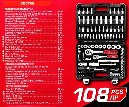 Набор инструментов 108пр. 1/4'', 3/8''(6гр.)