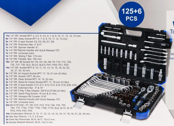 Набор инструментов 125+6пр.1/4''1/2''(6-гран.)(4-36мм,36-12гр.)+(ключи трещоточные:8х10,12х13мм, ключи резрезные:8х10,9х11,12х13мм)