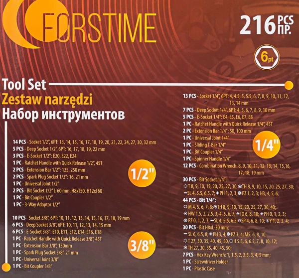 Набор инструментов 216пр. 1/4''3/8''1/2''(6гр.)(4-32мм)