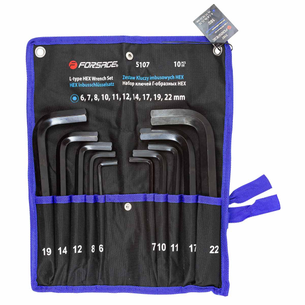 Набор ключей Г-образных 6-гранных 10пр. (6, 7, 8, 10, 11, 12, 14, 17, 19, 22мм) на полотне