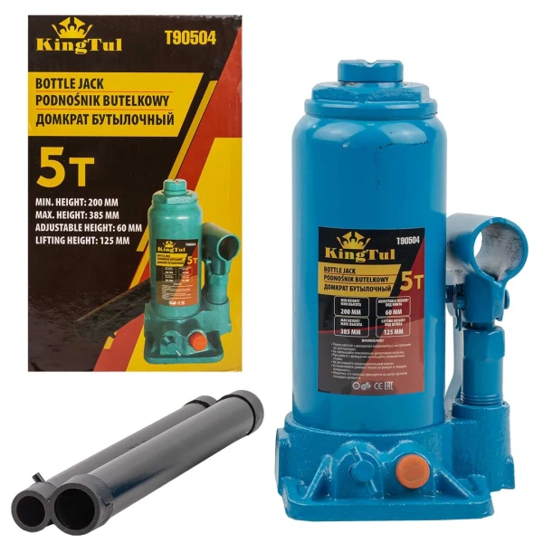 Домкрат бутылочный 5т с клапаном (h min 200мм, h max 385мм, ход штока-125мм, ход винта-60мм)