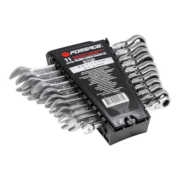 Ключи комбинированные трещоточные с шарниром, набор 11пр. в пластиковом держателе