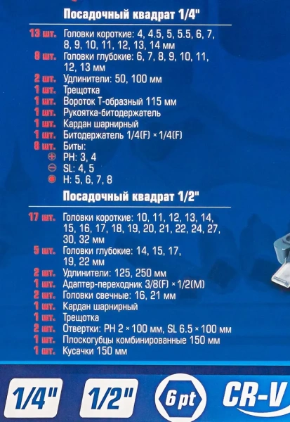 Набор инструментов 69пр.,1/4'',1/2'',(6гр.)(4-32мм)