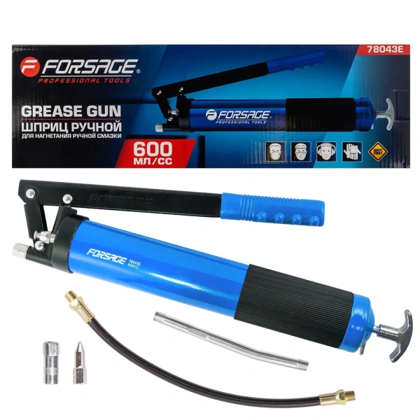 Шприц для нагнетания густой смазки ручной 600мл в комплекте с жестким(L-170мм) и гибким(L-330мм) наконечником (1шток,''под закладку'')