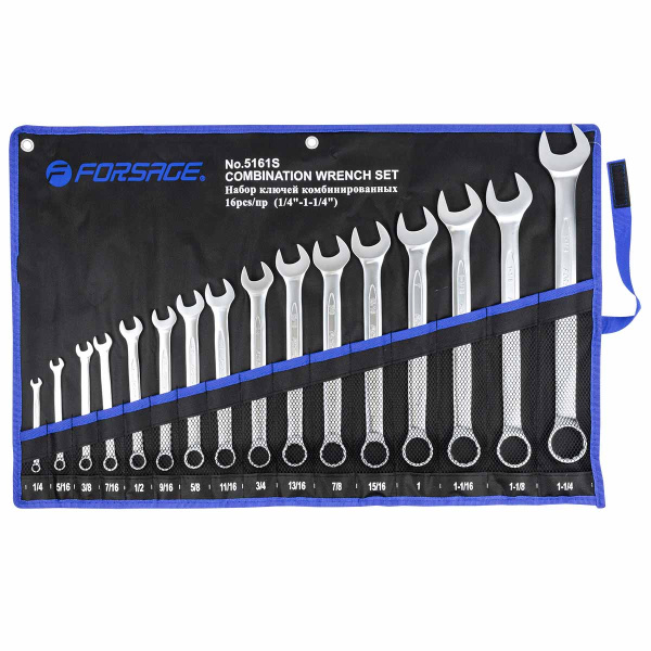 Набор ключей комбинированных дюймовых 16пр.(1/4,5/16,3/8,7/16,1/2,9/16,5/8,11/16,3/4,13/16,7/8,15/16,1,1-1/16,1-1/8,1-1/4'') на полотне