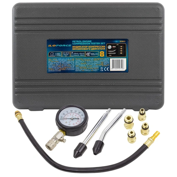 Индикатор компрессии бензинового двигателя Profi 8пр.(0-21Bar, М10, М12, М14, М18 + 2 жестких прижимных адаптера-переходника) , в кейсе